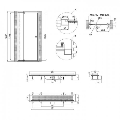 Душові двері в нішу Qtap Pisces WHI208-9.CP5 79-92х185 см, скло Pattern 5 мм + трап лінійний Qtap Dry FB304-600