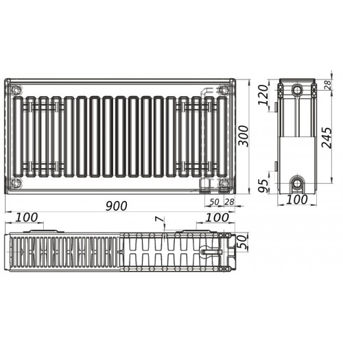 Радиатор стальной панельный KALITE 22 низ/справа 300x900 (без INNER)